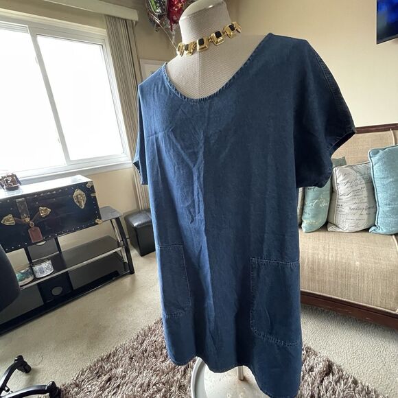 Women's XXL Denim Midi Dress Modest Country Western Short Sleeve Pockets Boho - Picture 4 of 12